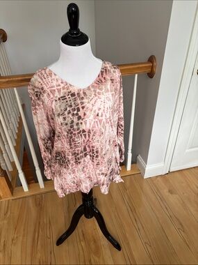 Chico's Pink and Brown Patterned V-Neck Blouse